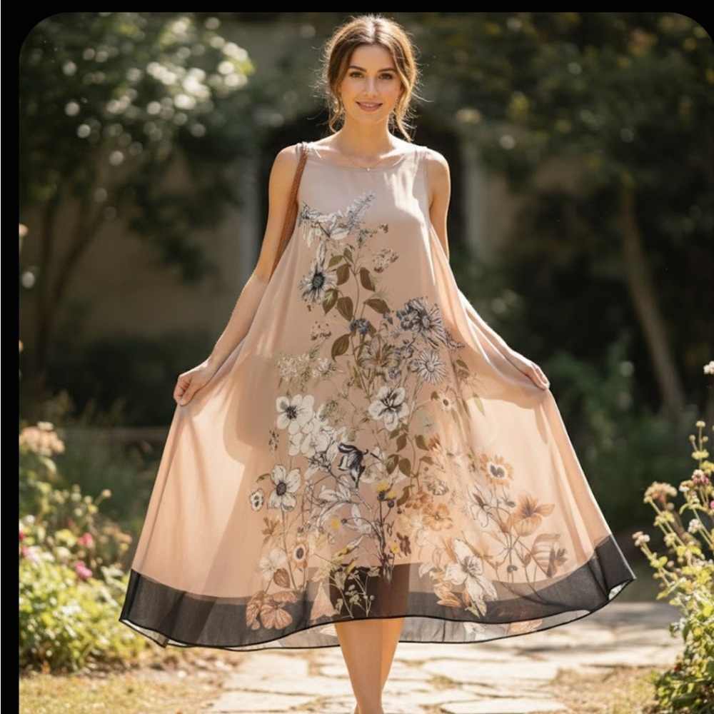 Max Studio Floral Midi Dress - Cream and Black